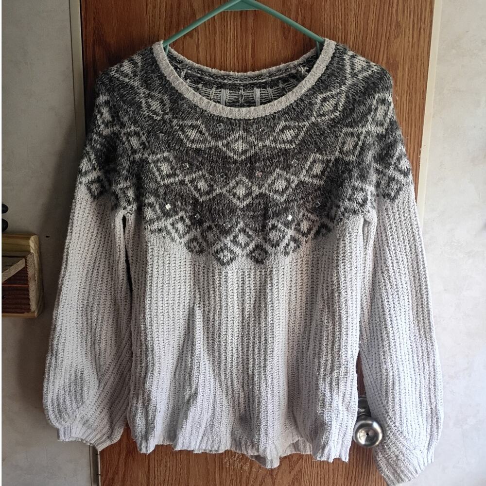 Fair Isle Nordic Sweater Medium Gray Ivory Rhinestone Embellished Winter Knit